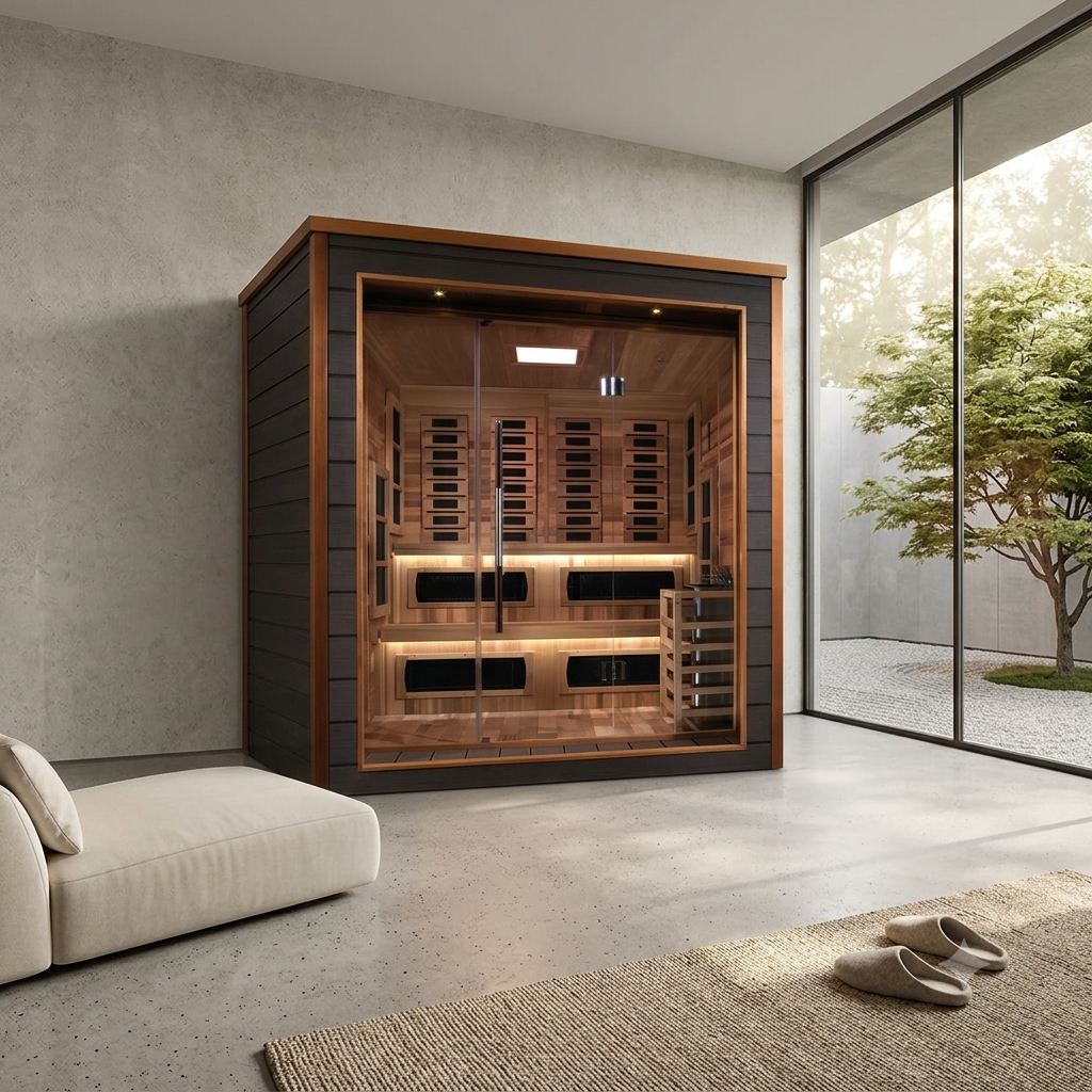 Premium Luxury All‑Weather 6 Person Outdoor/Indoor PureTech™ Hybrid Full Infrared Spectrum Sauna | Canadian Red Cedar Interior (Karlstad)