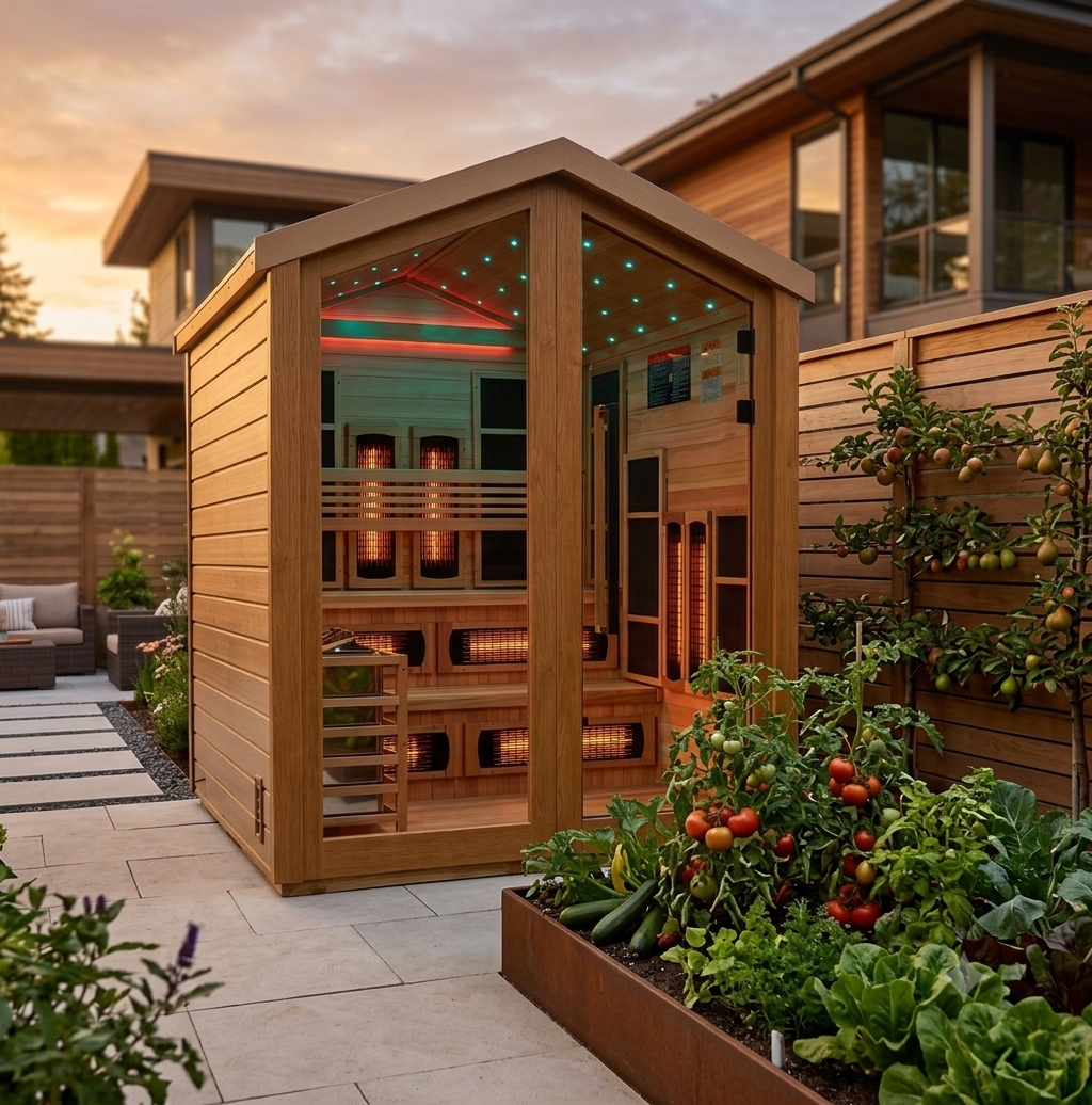 6 Person All‑Weather Outdoor/Indoor Hybrid Full Spectrum & Traditional Infrared Sauna | Canadian Red Cedar Interior (Kaskinen)