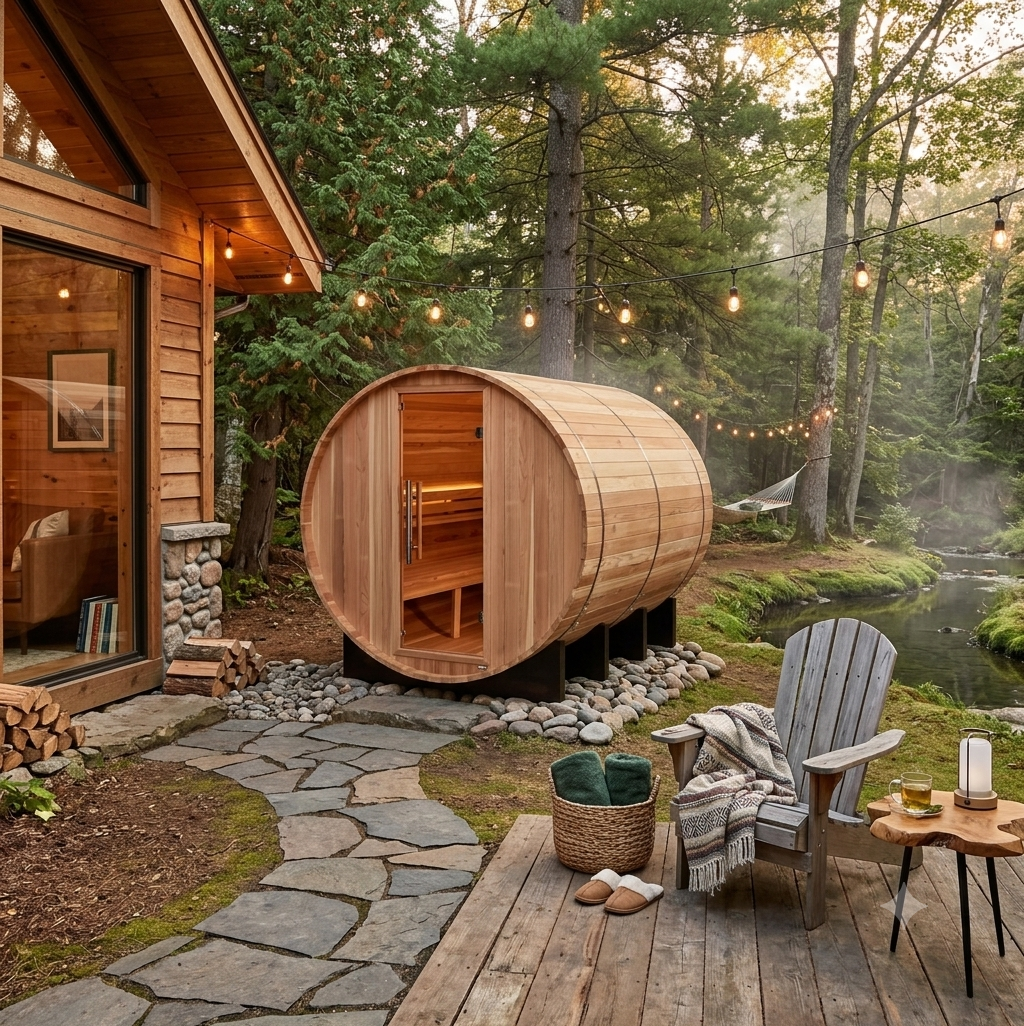 Traditional Barrel Style Home Sauna with Steam | 6 Person Indoor/Outdoor (Klosters)